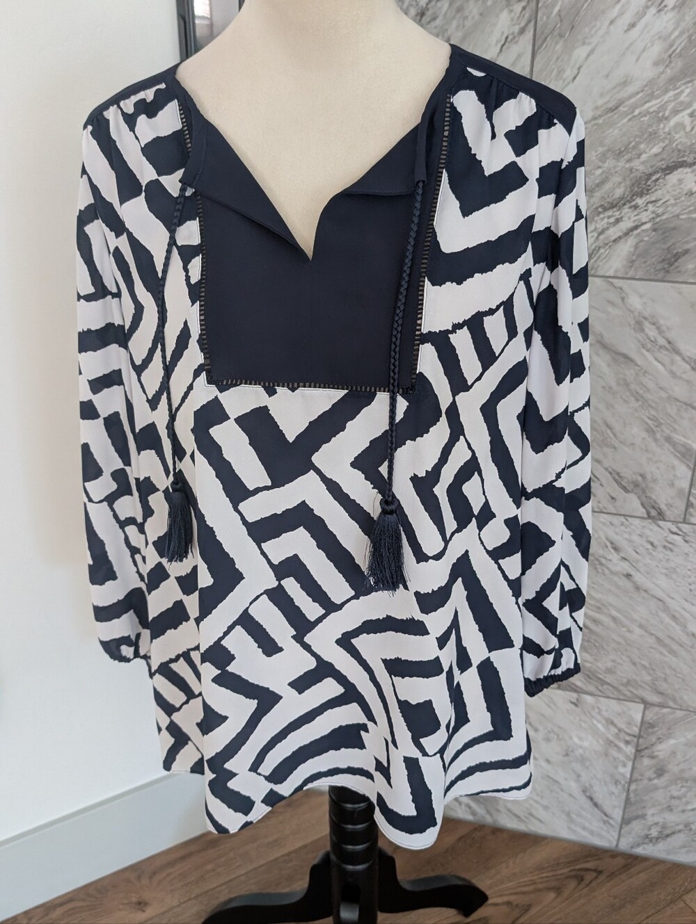 Black & White Geometric Tassel V-Neck Tunic